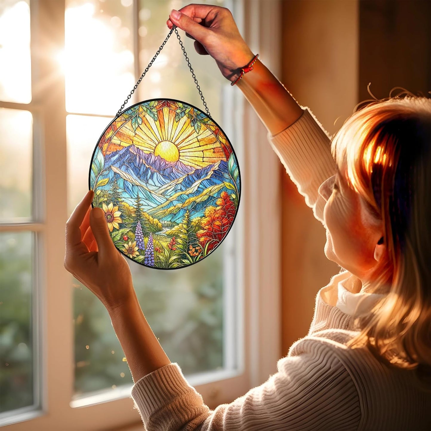 7.8" Sun Mountains Stained Glass, Suncatcher for Window Hanging, Suncatcher Art Decor for Home Garden Housewarming, Natural Scenery Gift for Mom, Grandma, Women, Friends, Couples ART-05E-SG8