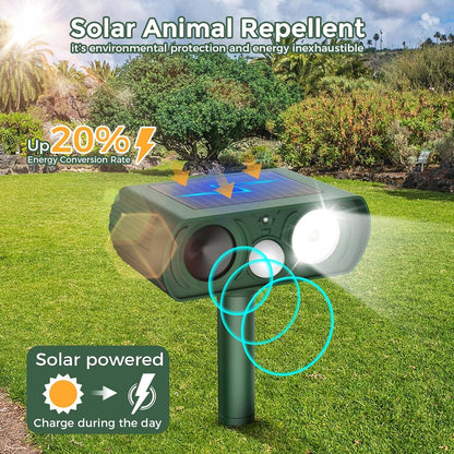Upgraded Solar Ultrasonic Animal Repellent Outdoor, Deer Repellent Devices Motion Detection, Waterproof Cat Squirrel Skunk Raccoon Dog Bird Deterrent with Flash Lights for Yard Farm Garden Patio