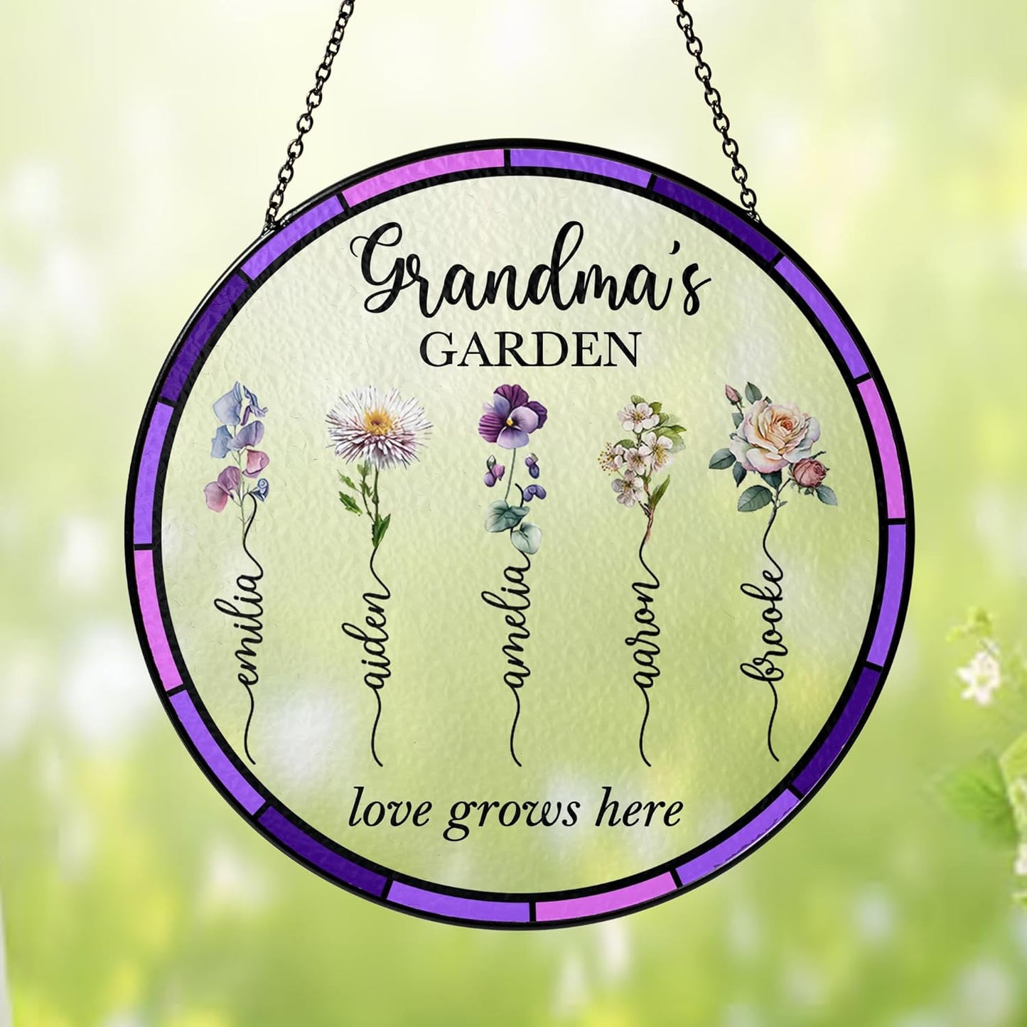 NAZENTI Personalized Nana's Garden Stained Glass Suncatcher with Birth Month Flowers, Custom Grandma's Garden Window Hanging Ornament, Mothers Day Grandma Mom Gifts, Gifts for Nana Mimi