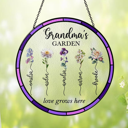 NAZENTI Personalized Nana's Garden Stained Glass Suncatcher with Birth Month Flowers, Custom Grandma's Garden Window Hanging Ornament, Mothers Day Grandma Mom Gifts, Gifts for Nana Mimi