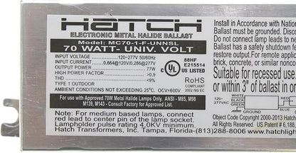 Hatch MC70-1-F-UNNU - 70 Watt - 120/277 Volt - Electronic Metal Halide Ballast - ANSI M98/M139/M143 - Side Leads With Mounting Feet