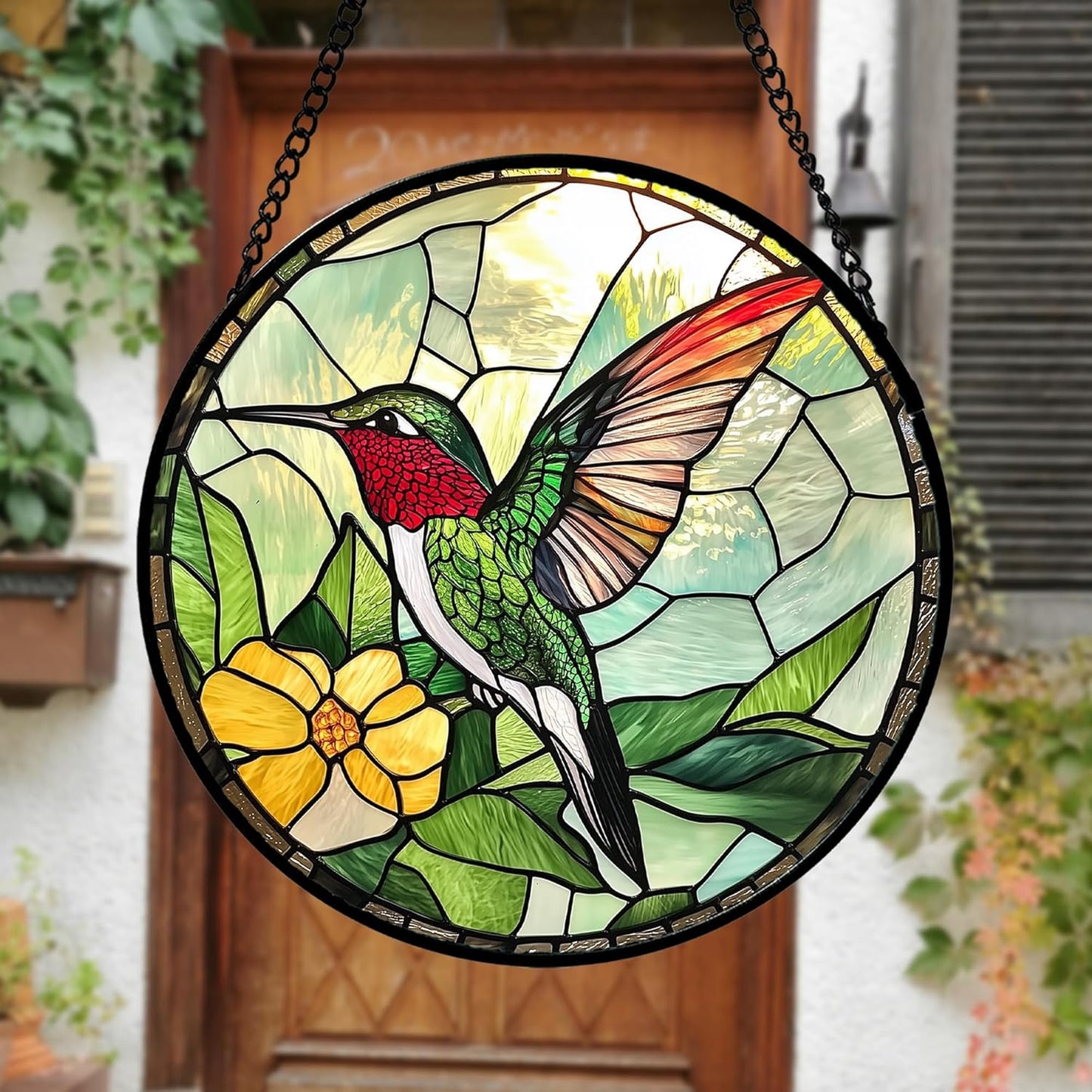 Stained Glass Window Hanging, Green Hummingbird Sun Catcher for Door Home Decor, Birds Suncatcher Christmas Mother's Day Birthday Gifts for Bird Lovers Women Men Mom and Nana 6.3 in