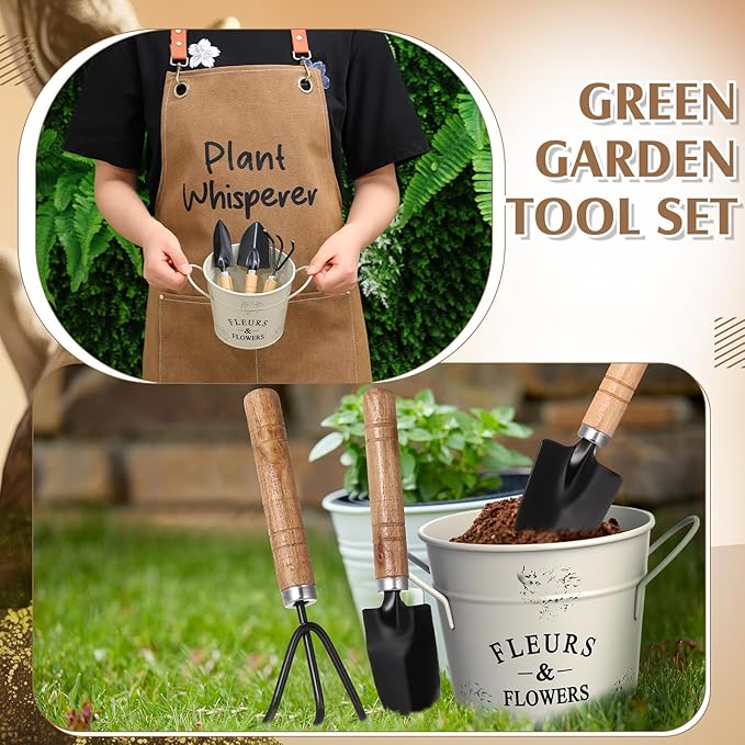 Tarpop Garden Tool Set Plant Whisperer Gardening Gifts for Women, 7 Piece Vegetable Planting Tool Kit with Cap Canvas Apron Gloves Soil Scoop Transplant Trowel Cultivator Flower Tub (Brown)