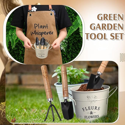 Tarpop Garden Tool Set Plant Whisperer Gardening Gifts for Women, 7 Piece Vegetable Planting Tool Kit with Cap Canvas Apron Gloves Soil Scoop Transplant Trowel Cultivator Flower Tub (Brown)