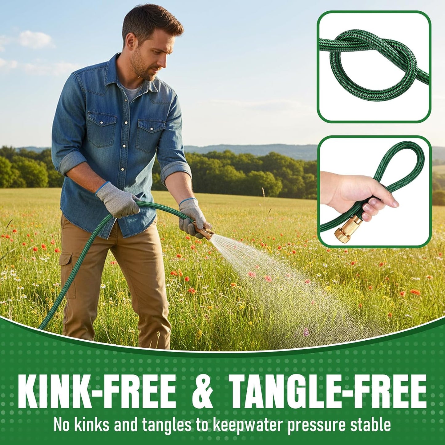 NON-EXPANDABLE Garden Hose 50 ft, Heavy Duty Flexible Water Hose, Kink Resistant Lightweight Hybrid Hose with Durable Fabric Skin, Leakproof Hose Male to Female Fittings
