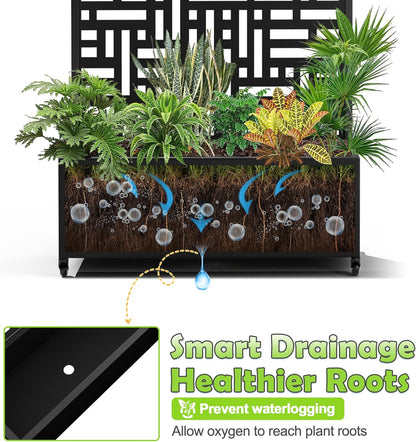 15.7"×70.9"×35.4" Metal Raised Garden Bed with Trellis and Wheels - Tall Trellis Planter Box for Climbing Plants, Vegetables & Vines - Outdoor Privacy Planters for Patio (Black-Helen)