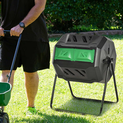 Compost Bin Outdoor, 43 Gallon Dual Chamber Tumbling Composting with Sliding Doors, Large Compost Tumbler, Compost Bin for Garden, Kitchen, and Yard Waste, Black+Green