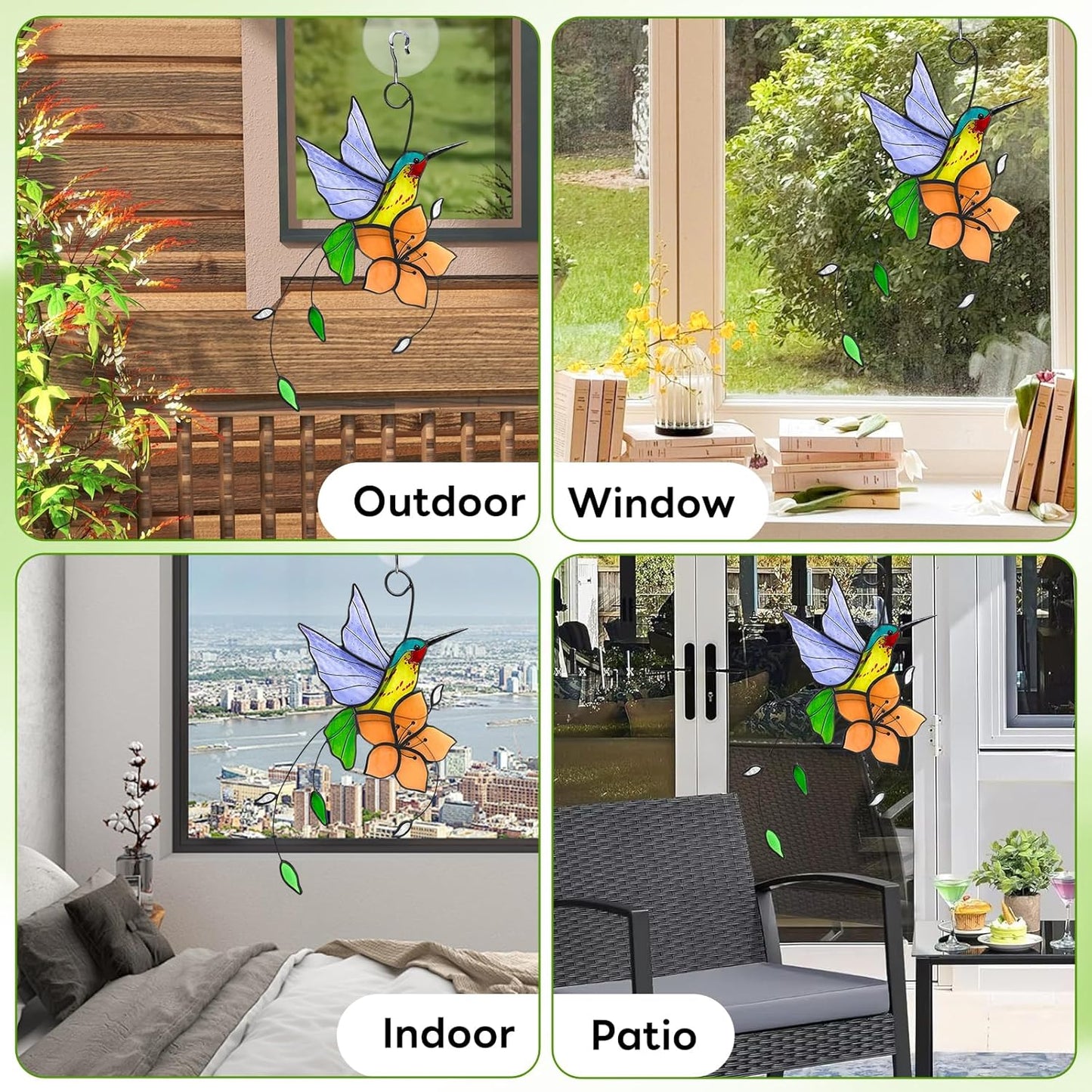 Handmade Stained Glass Hummingbird Suncatcher, Lavender-Purple Bird with Peach-Fuzz Flower Window Hanging Decor, Art Glass Ornament, Unique Gifts for Mom, Bird Lovers & Home Decoration