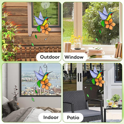 Handmade Stained Glass Hummingbird Suncatcher, Lavender-Purple Bird with Peach-Fuzz Flower Window Hanging Decor, Art Glass Ornament, Unique Gifts for Mom, Bird Lovers & Home Decoration
