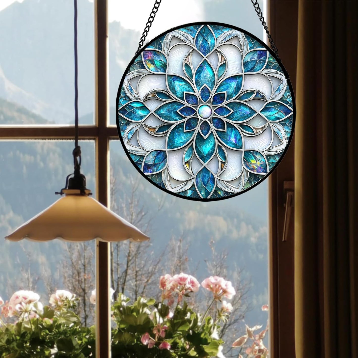 Stained Glass Window Hanging - Blue White Abstract Flowers Suncatcher for Door Terrace Garden Home Decor Boho Sun Catcher Birthday Gifts for Lovers Women Men Dad Mom Nana 9.8 in