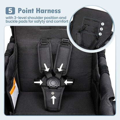 Wagon Stroller for 2 Kids, High Seat & 5 Point Harness, Foldable All-Terrain Wagon for Toddler with Canopy, Parent Organizer, Shoulder Bag, Adjustable Handlebar, Ultimate Double (Black)
