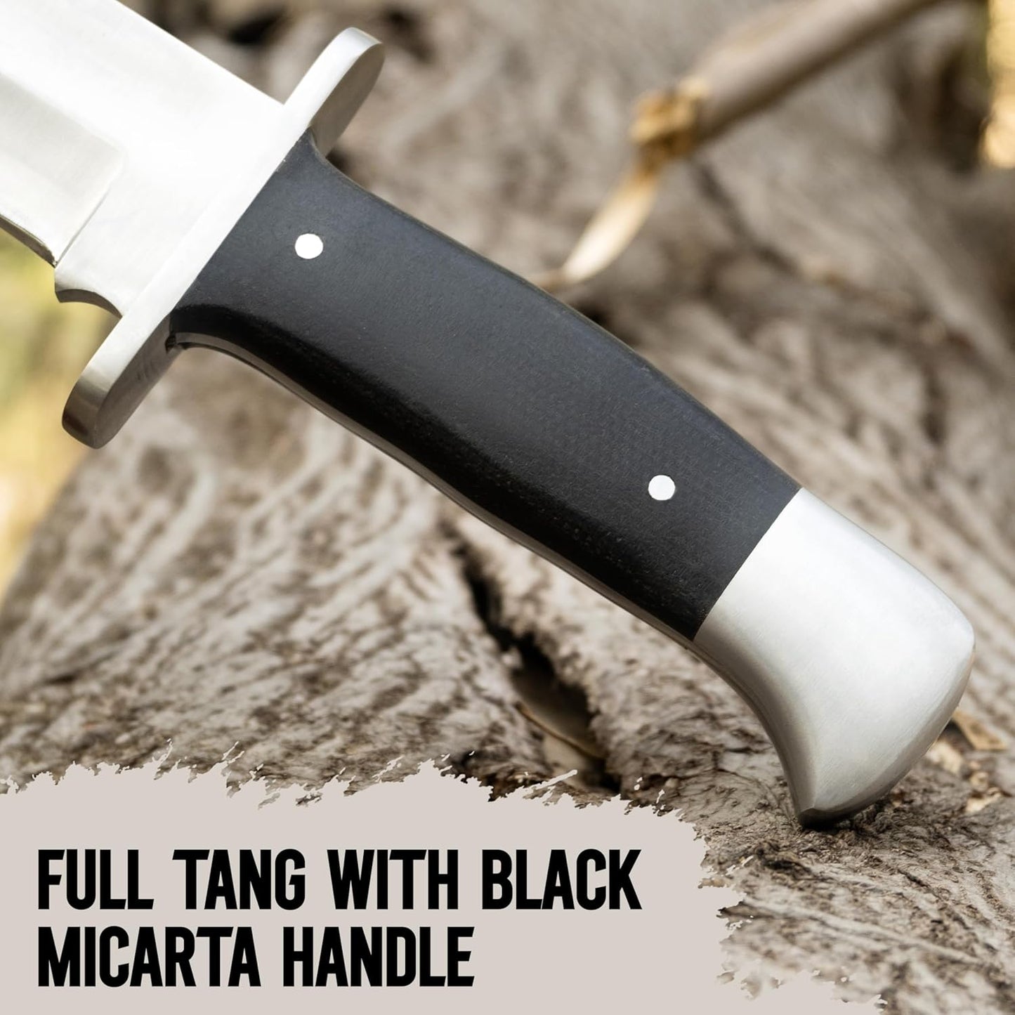 D2 13 Inch Full Tang Fixed Blade Bowie Knife with Leather Sheath - Suitable for Outdoor, Bushcraft, Survival, and Camping Knife with Black Micarta Handle