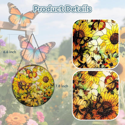 Suncatcher Stained Glass Window Hanging - Sunflower Glass Panel with Metal Chain and Hooks Handmade Sun Catcher Decoration for Window Garden Home Christmas & Birthday Gifts (8 Inch)