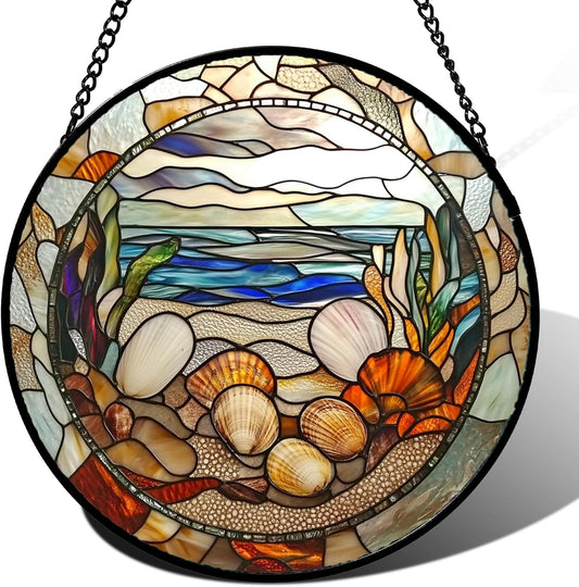 Stained Glass Window Hanging Conch Shells Ocean Seaweed Large 15" - Suncatcher Door Garden Sunroom