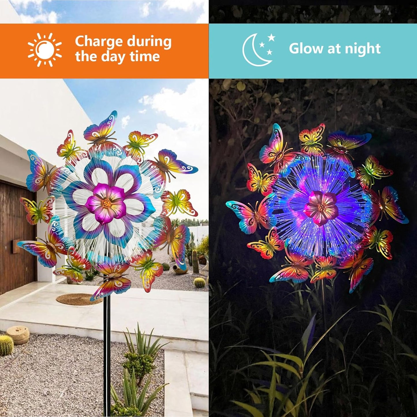 Solar 45" Butterfly Garden Wind Spinners for Yard and Garden, Metal Clearance Windmill Kinetic Wind Spinner Outdoor Decor, Wind Sculpture Yard Art Decorations for Patio & Lawn