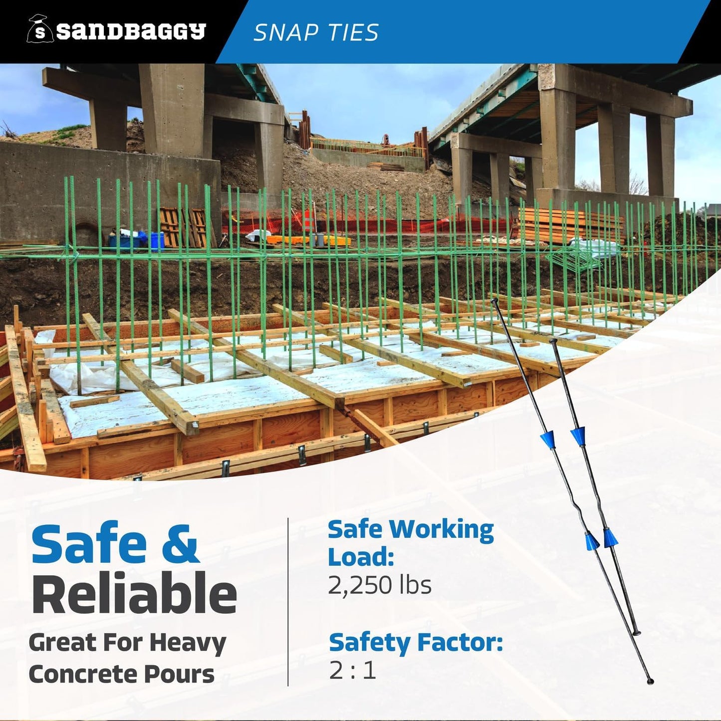 8" Standard Snap Ties for Concrete Forms - 1" Plastic Cones, Integral Heads - 2:1 Safety Factor, 2,250 lbs Working Load - Construction Grade 4 Gauge Steel (Long End - 8.25", 400)