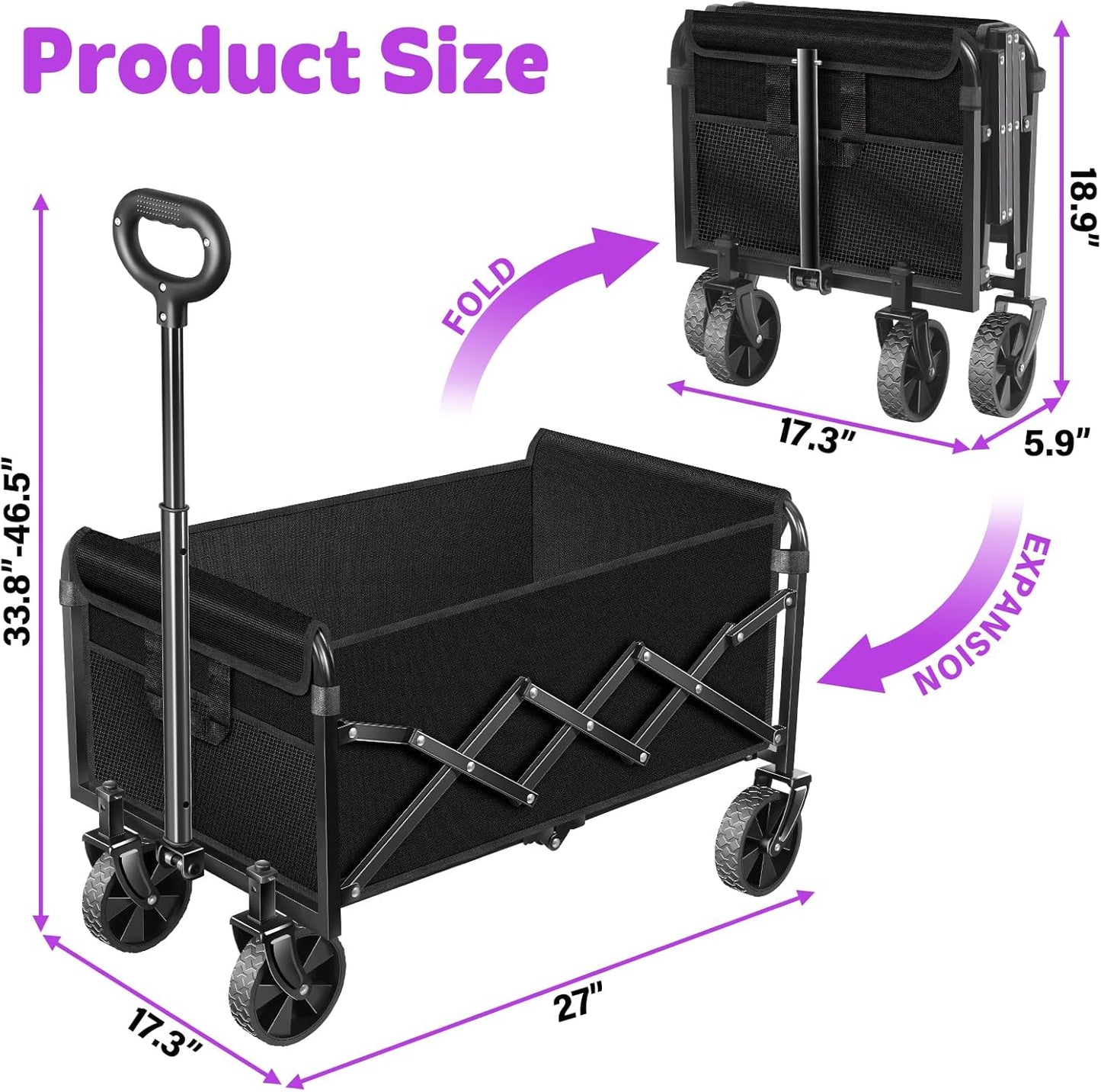 Wagons Carts Foldable,360 LBS Large Capacity Foldable Wagon Cart Collapsible Wagon with Wheels & Drink Holders,Utility Folding Cart for Camping Garden Beach Picinic Grocery Outdoor Shopping(Black)