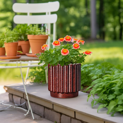 Ceramic Flower Pots - 9.6 Inch Ceramic Pots for Plants Indoor, Large Decorative Plant Pot with Drainage Hole, Fluted Round Planter for Outdoor Plants, Home Decor, Gardening Gifts, Red