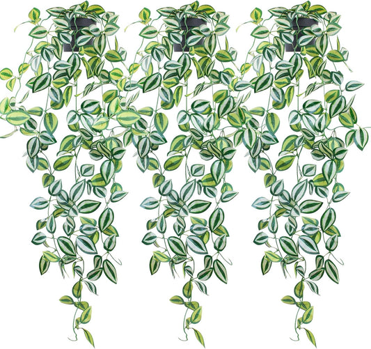 LOYWREE 3 Pack Fake Hanging Plants - Small Potted Plants with Green Eyebrow-Leaf Trailing Vines