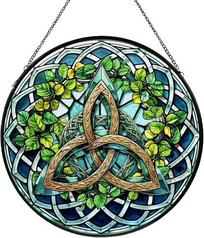 Celtic Knot Stained Glass Window Hanging, Suncatcher Diamond Glass Panel Hangings, Sun Catchers Indoor Windows Wall Art Decoration, Christmas Decor for Home Office Garden Green 7.87 inches