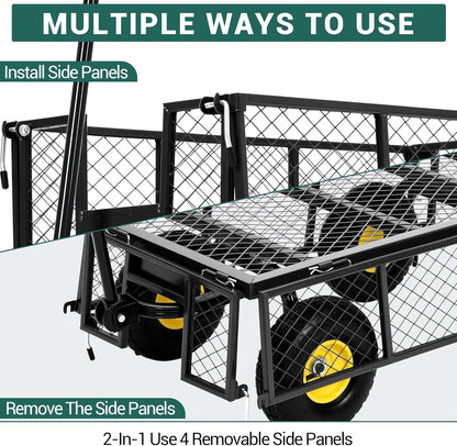 Heavy Duty Garden Cart On Wheels - 880LBS Metal Wagon with 10" Pneumatic Wheels, 180° Rotating Handle & Removable Sides - All-Terrain Yard Wagon for Farm, Beach & Outdoor Use
