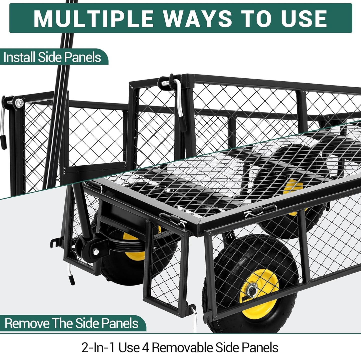 Heavy Duty Garden Cart On Wheels - 550LBS Metal Wagon with 10" Pneumatic Wheels, 180° Rotating Handle & Removable Sides - All-Terrain Yard Wagon for Farm, Beach & Outdoor Use