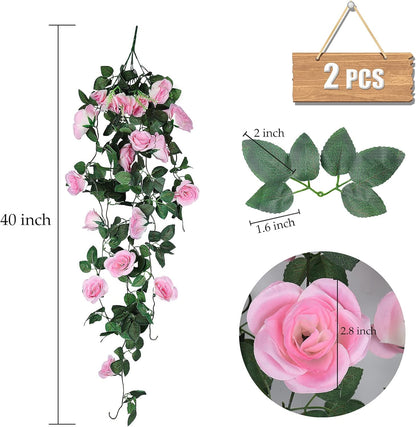 RECUTMS Fake Hanging Flower, 2PCS Artificial Rose Vine Plants Flowers Wedding Home Decoration and Wall Décor 3.3Ft (Pink)