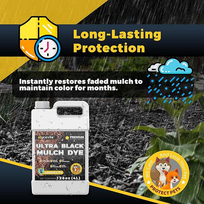 128oz Concentrated Ultra Black Mulch Dye with Gloves, Liquid Rubber Dye Spray Covers up to 14,400 Sq. Ft, Long-Lasting Finish Black Bark Paint for Mulch Restoration and Enhancement Landscaping