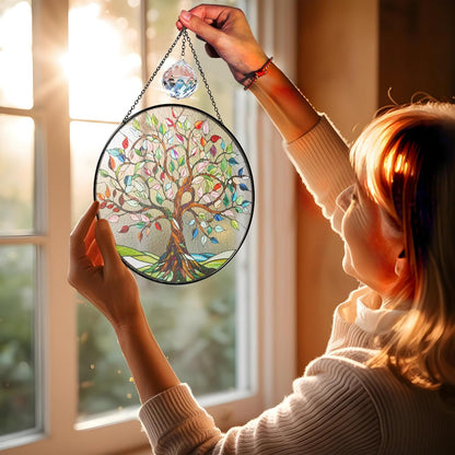 8" Tree of Life Stained Glass Suncatcher for Window, Handcrafted Boho Sun Catcher Decor, Spiritual Nature Ornament Gift for Women, Meditation Garden Home Office Wall Hanging Decoration
