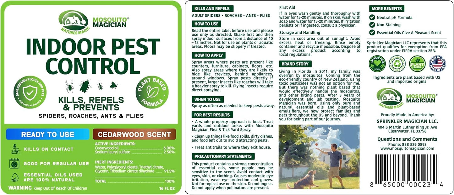 Mosquito Magician Indoor Pest Spray – Design for Indoor Use to Neutralize Spiders, Roaches, Ants & Flies with Plant-Sourced Essential Oils, Efficient Ready to Use Home Pest Spray – Cedarwood, 16 OZ