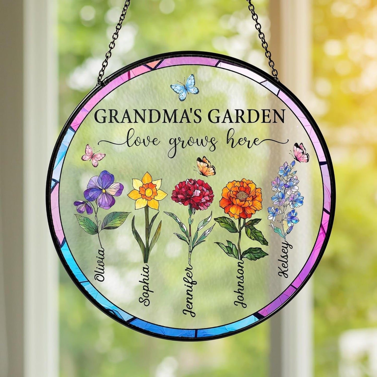 NAZENTI Personalized Grandmas Garden Stained Glass Suncatcher with Birth Month Flowers, Custom Mom's Garden Window Hanging Ornament, Mothers Day Grandma Mom Gifts, Gifts for Nana Mimi