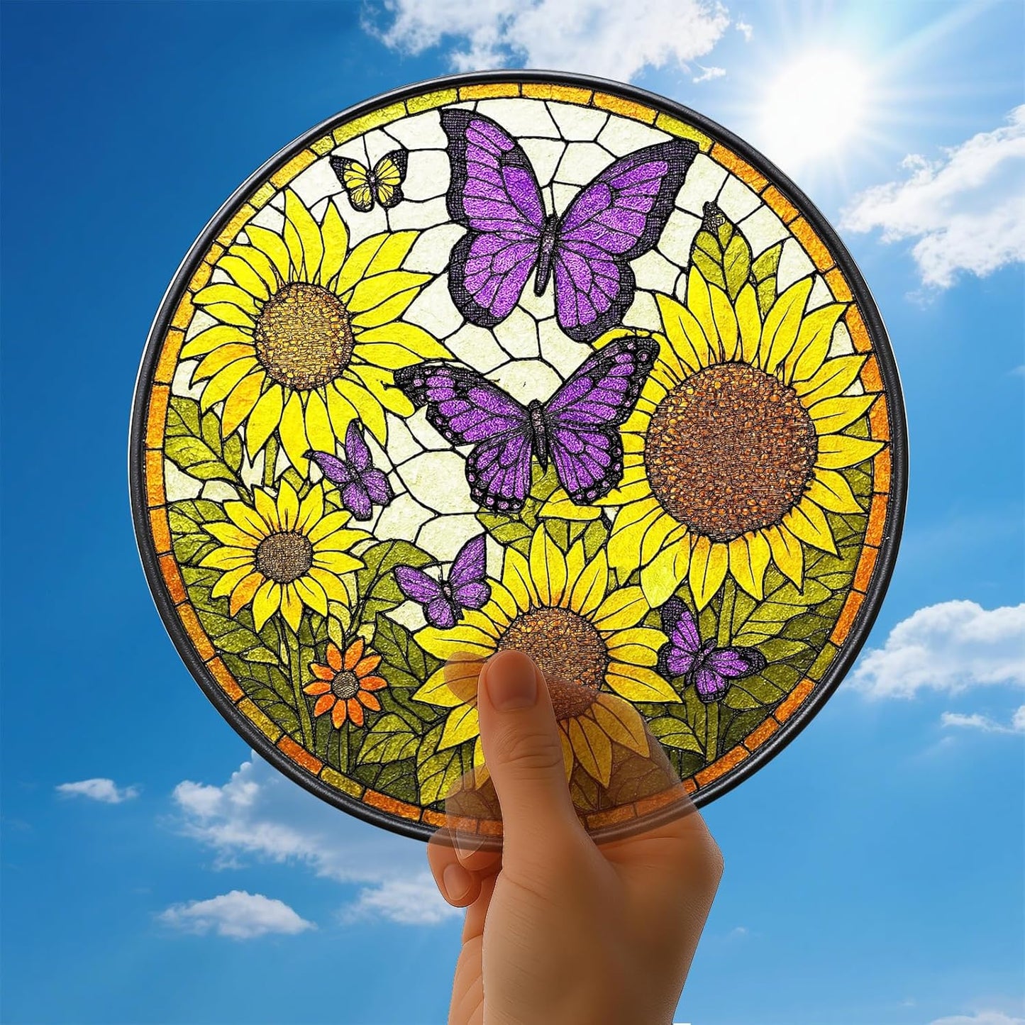 Sunflower Butterfly Suncatchers Stained Glass for Windows Hanging - 8'' Sun Catchers Indoor Window - UV-Print Stain Glass Window Hanging for Home Decor, Wall Art, Gifts for Mom
