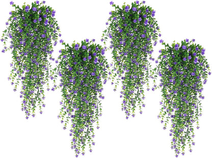 SJL Hanging Greenery 4pcs Realistic Artificial Plants Indoor Artificial Hanging Plants Outdoor Fake Eucalyptus Faux Ivy Plastic Flowers Leaves Decor for Bedroom Porch Wall (Purple)