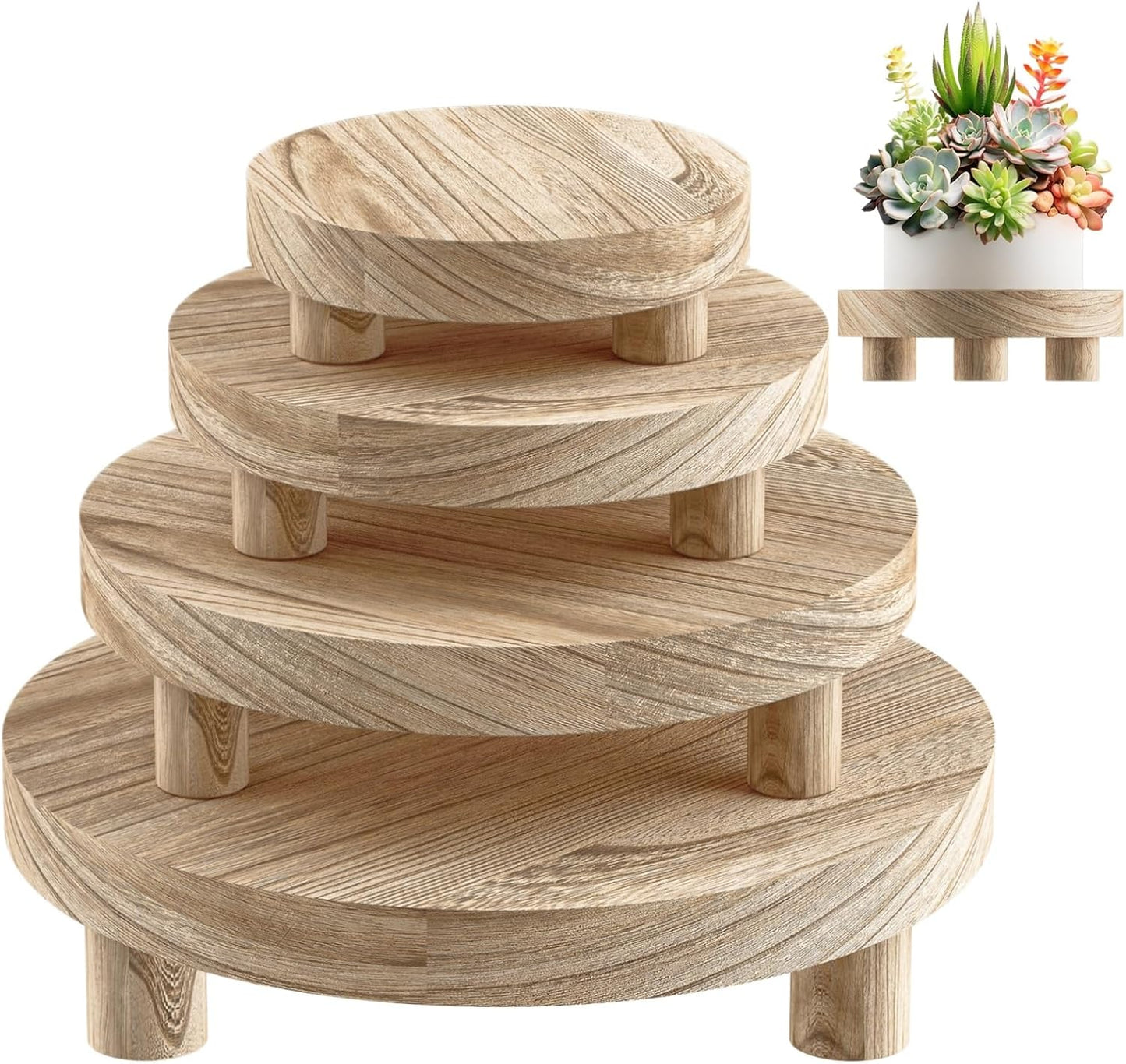 Wood Plant Stand Indoor Outdoor, 12/10/8/6" Round Wood Riser for Decor, Wooden Stool Display Stand Flower Pot Holder Small Planter Tray Modern Potter Decorative for Desktop Counter Room (Natural-4pcs)