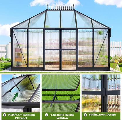 14x9.7x10 FT Polycarbonate Greenhouses for Outdoors, Large Winter Greenhouse Sunroom with 2 Adjustable Windows &Sliding Door, Walk-in Design with Aluminum Frame for Patio, Garden