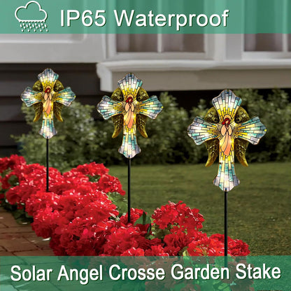 WAIU 33 Inch Solar Cross Garden Light Outdoor Decorative - Solar Acrylic Jesus and Metal Angel Wings Stake Light Waterproof Warm White LED for Remembrance Gifts & Sympathy Gifts.