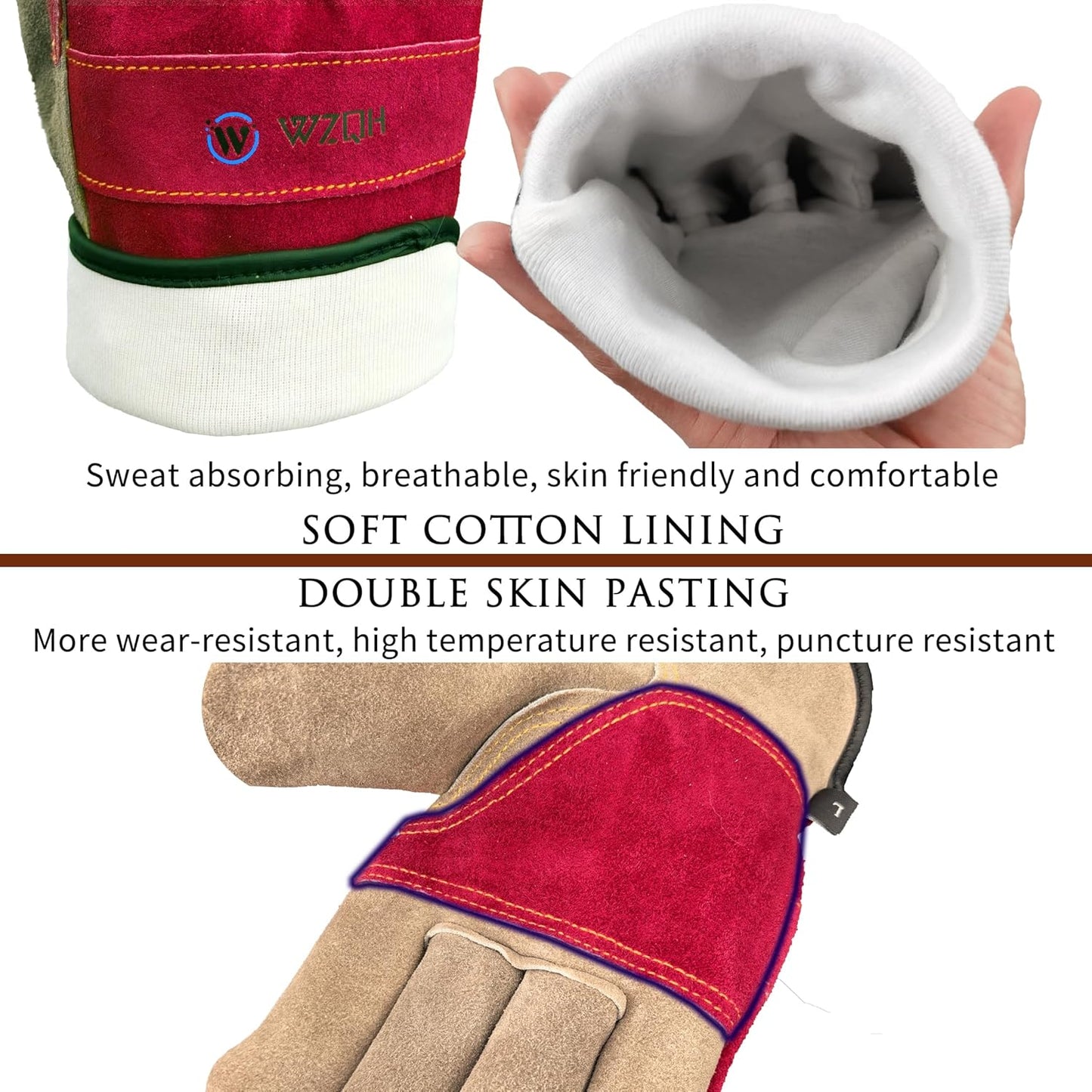 Leather Work Gloves for Women, Large Glove for Gardening, Tig/Mig Welding, Construction, Chainsaw, Farm, Ranch, etc. Cowhide, Cotton Lined, Utility, Firm Grip, Durable. Rose Red - Grey L