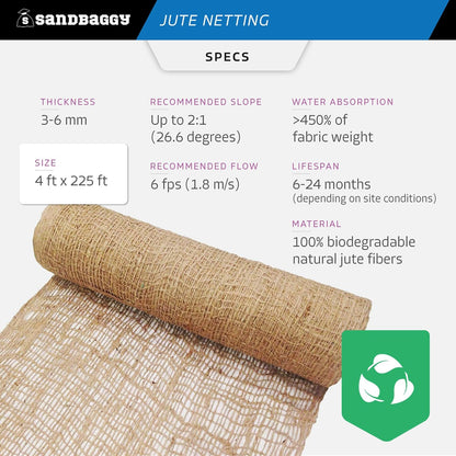 Sandbaggy Jute Netting Roll, 4 ft x 225ft - Biodegradable Erosion Control Blanket for Slopes, Hills & Drainage, Eco-Friendly, Durable Soil Stabilizer, Contractor-Approved for Landscaping (10 Rolls)