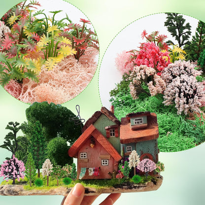 36 Pcs Mixed Model Trees with 40g Moss Pink and Green, Diorama Trees Grass Mini Fake Miniature Trees Moss for Building Model, Model Train Scenery, Natural Green Landscape, Railroad Scenery