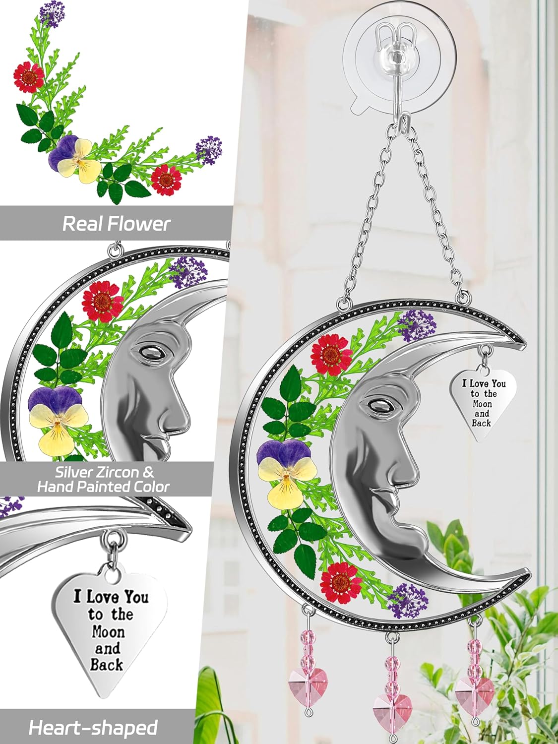 KY&BOSAM Moon Suncatcher Mom Gifts Stained Glass for Windows Hangings Wind Chime Decor with Pressed Real Flower and Metal I Love You to The Moon and Back Heart Charm for Home Christmas Trees Patio