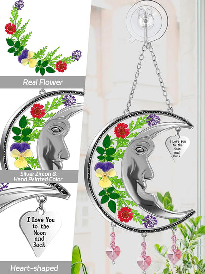 KY&BOSAM Moon Suncatcher Mom Gifts Stained Glass for Windows Hangings Wind Chime Decor with Pressed Real Flower and Metal I Love You to The Moon and Back Heart Charm for Home Christmas Trees Patio