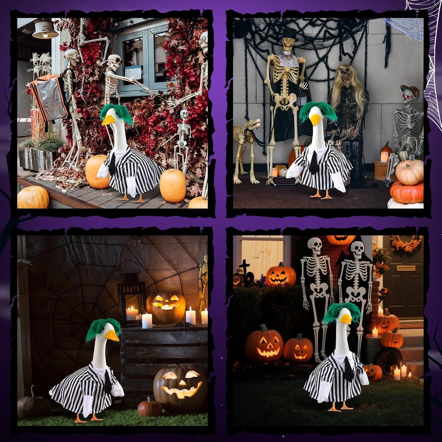 Halloween Porch Goose Outfits Black and White Striped Suit and Wig Movie Clothes for 23 Inch Cement Goose Halloween Costume Outdoor Yard Lawn Garden Patio Decor
