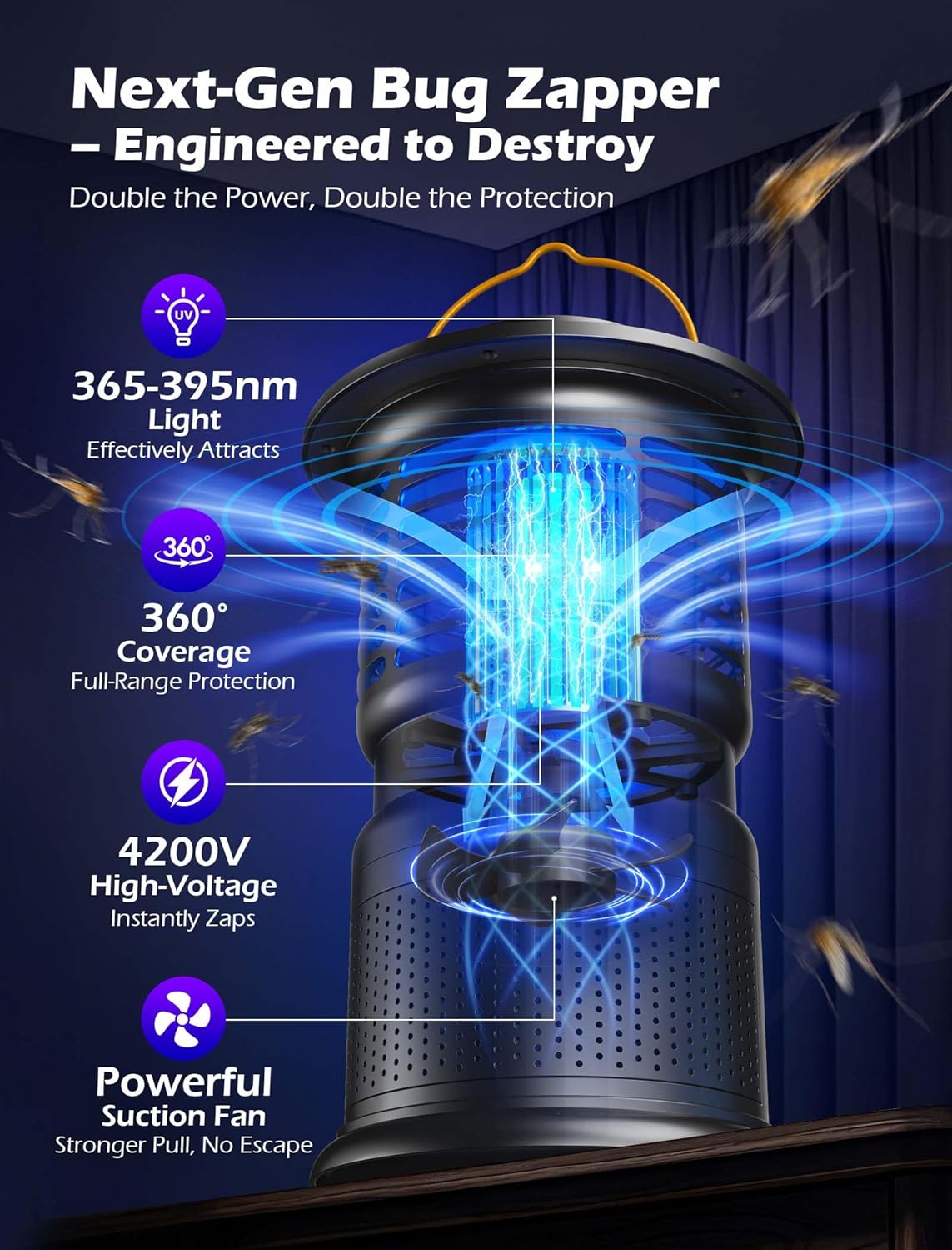 4-in-1 Mosquito Trap & Bug Zapper, Portable Rechargeable Fly Zappers with 10000mAh Battery, Bug Zapper Indoor with Silent Wind Suction, Auto On/Off Zapper Outdoor