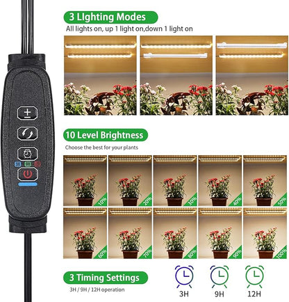 8.6'' Mini LED Grow Light Strips, Full Spectrum 3000K, 52 LED Plant Light with 3/9/12H Timer, 10 Dimmable Levels for Seedling, Succulent and Plant Shelf, 2 Head
