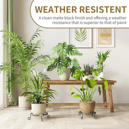 2 Pack 10” Diameter Metal Outdoor Plant Stand Indoor, Black Heavy Duty Potted Holder, Round Anti-Rust Wrought Iron Flower Planter Pot Display Stands for Home Garden