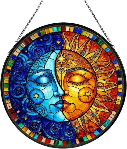 Sun and Moon Stained Glass Window Hanging, Suncatcher for Window Hanging, Moon Sun Catchers Indoor Windows Wall Art for Mom Grandma, Christmas Thanksgiving Gift, for Home Garden Office 7.87 inches