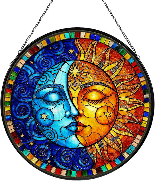 Sun and Moon Stained Glass Window Hanging, Suncatcher for Window Hanging, Moon Sun Catchers Indoor