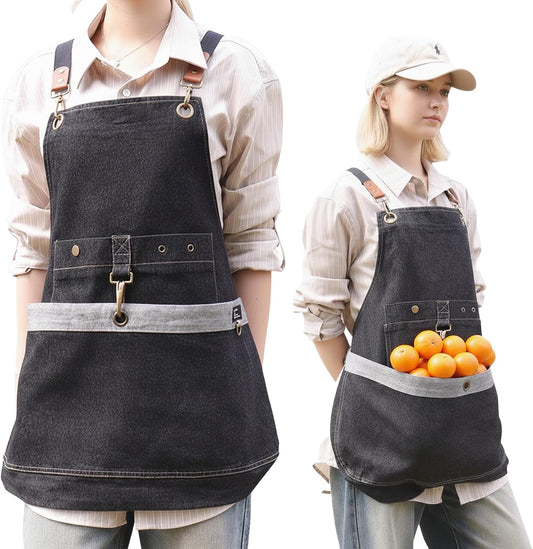 Gardening Apron – Denim Cross Back Garden & Harvest Apron with Adjustable Straps and Large Pockets for Women & Men