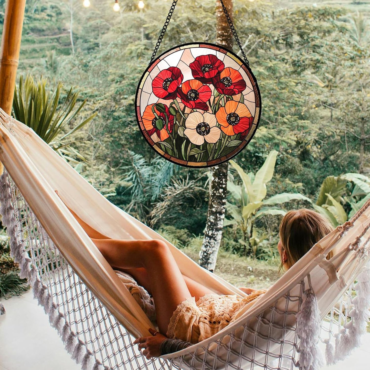 Stained Glass Window Hanging - Orange Red Poppy Flowers Suncatcher for Door Garden Yard Sun Catchers Decor Christmas Mother's Day Birthday Gifts for Women Mom Nana Friend Men 11.8 in