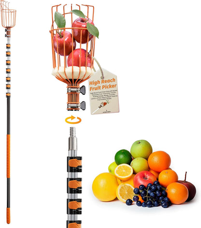 Fruit Picker Pole with Basket Telescoping 5-30 ft Apple Picker Extension Pole // Telescopic Fruit Tree Picker Tool for Picking Orange Mango Avocado Lemon Pear // The Ultimate High-Reach Fruit Grabber
